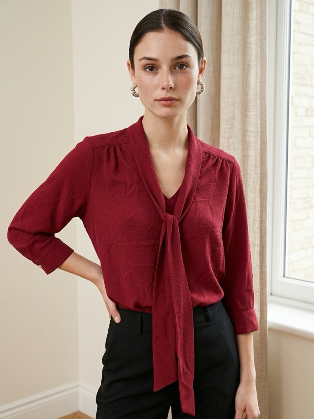 Notations Red Solid Tie V-Neck 3/4 Sleeve Woven Blouse PXL PCRB0101